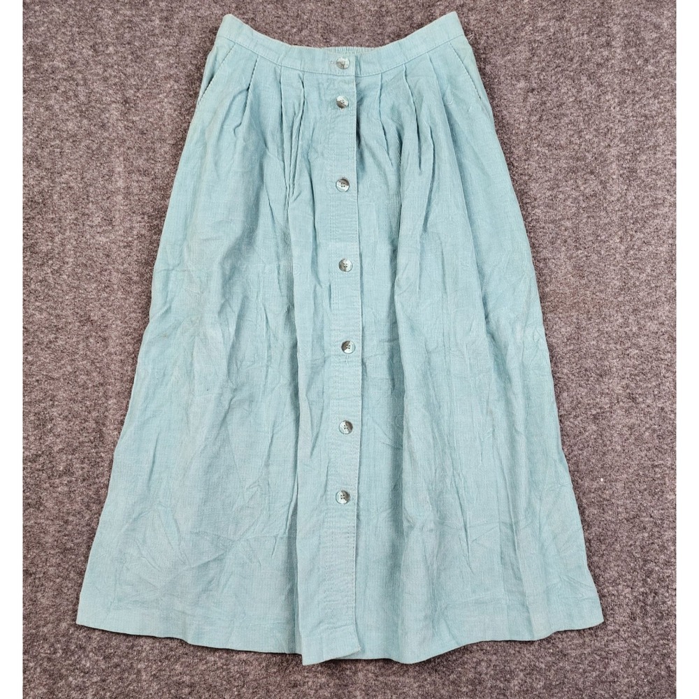 Alfred Dunner Corduroy Skirt Womens 8 Teal Blue Button Front Pleated Midiโ USA